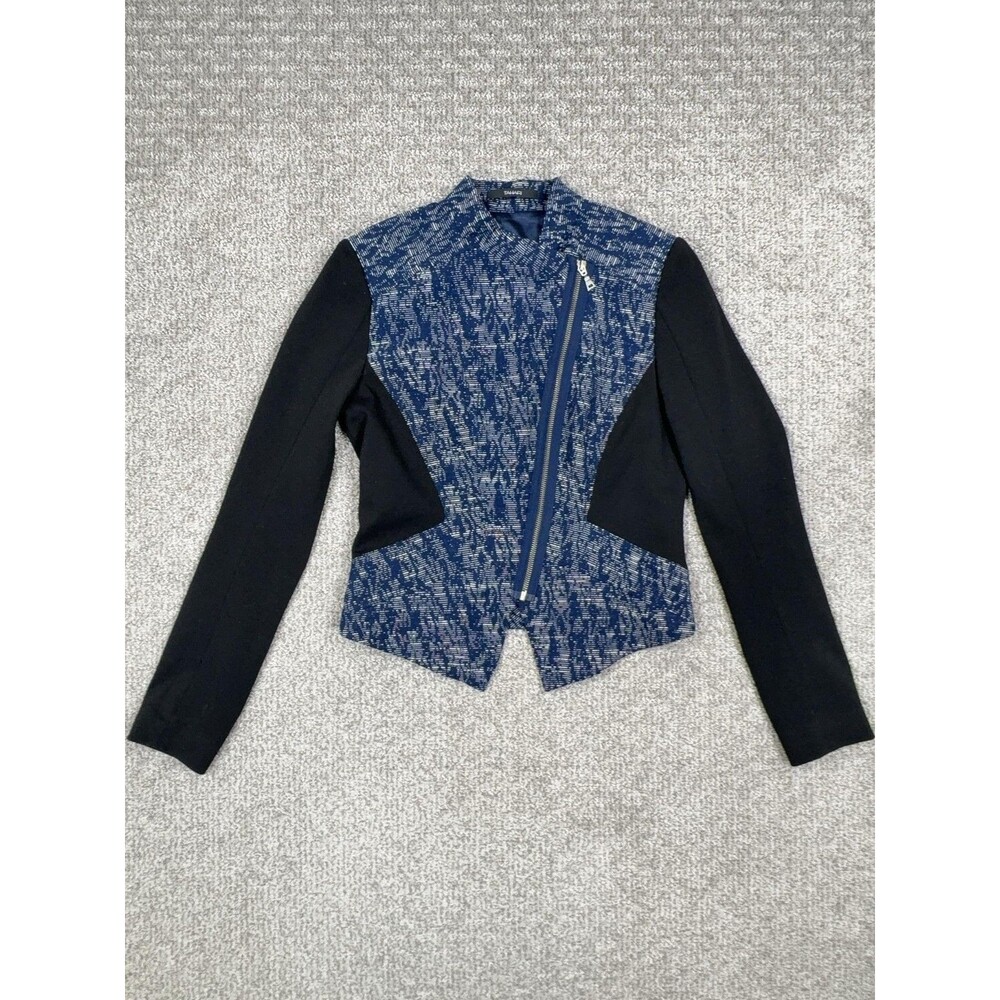 Tahari Jacket Womens 4 Blue Tweed Moto Biker Asymmetric Zip Short Lined Career